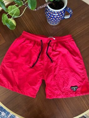 Prada Red Swim Shorts with Black Drawstring